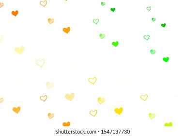 Light Green, Yellow vector texture with lovely hearts. Beautiful colored illustration with hearts in celebration style. Template for Valentine's greeting postcards.