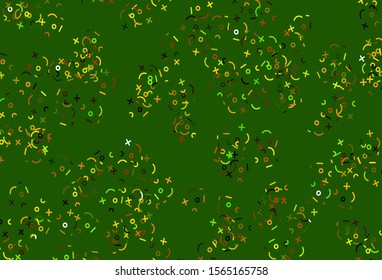 Light Green, Yellow vector texture with mathematic symbols. Abstract illustration with colored algebra signs. Pattern for school, grammar websites.