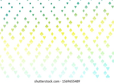 Light Green, Yellow vector texture with playing cards. Colored illustration with hearts, spades, clubs, diamonds. Template for business cards of casinos.