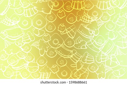 Light Green, Yellow vector texture with sweets, candies. Confections on blurred abstract background with colorful gradient. Doodle design for your business advert of cafes.