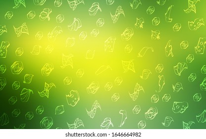 Light Green, Yellow vector texture with delicious snacks. Glitter abstract sketch with gourmet food. Template for meal cooking in kitchen.