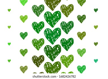 Color verde claro, textura vectorial amarilla con corazones encantadores. Ilustración inteligente con corazones gradientes en estilo valentino. Patrón de carnaval, volantes románticos del festival.