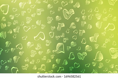 Color verde claro, textura vectorial amarilla con corazones encantadores. Ilustración abstracta brillante con corazones coloridos en estilo romántico. Hermoso diseño para su anuncio de aniversario.
