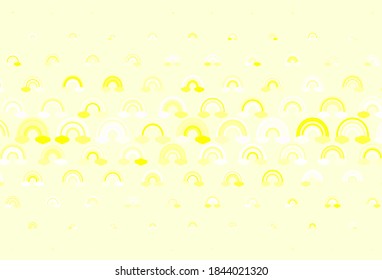 Hellgrüne, gelbe Vektorstruktur mit Regenbögen, Wolken. Farbige Symbole des bunten Regenbogens im Liebesstil. Skizze für lustige Designs.