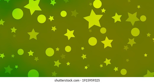 Verde claro, textura vectorial amarilla con círculos, estrellas. Diseño abstracto de gradiente con burbujas, estrellas. Textura para persianas, cortinas.