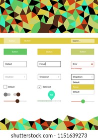 Light Green, Yellow vector ui kit in polygonal style. Colorful ui/ux kit with header consisted of triangles. Modern template for your landing page.