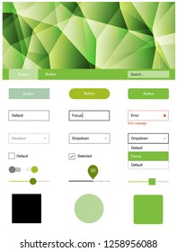 Light Green, Yellow vector web ui kit in polygonal style. Web ui kit with abstract gradient triangles in its header. Beautiful layout for websites, landing pages.