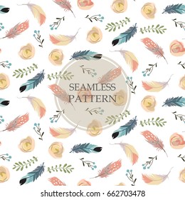 Light green,white seamless pattern with flower,rose and feather