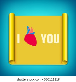 Light greeting template with love confession red human heart on yellow paper scroll isolated vector illustration