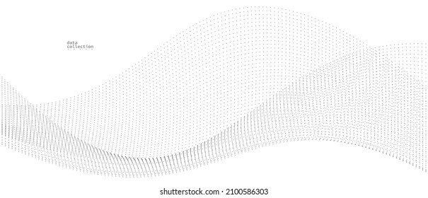 Light grey abstract background, vector wave of flowing particles, curvy lines of dots in motion, technology and science theme, airy and ease futuristic illustration.