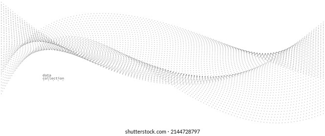 Light grey abstract background, vector wave of flowing particles, curvy lines of dots in motion, technology and science theme, airy and ease futuristic illustration.