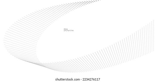 Light grey abstract background, vector wave of flowing particles, curvy lines of dots in motion, technology and science theme, airy and ease futuristic illustration.