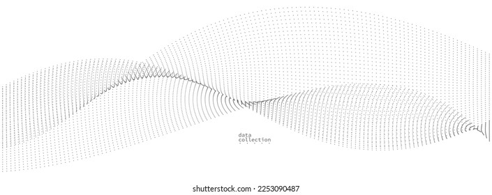 Light grey abstract background, vector wave of flowing particles, curvy lines of dots in motion, technology and science theme, airy and ease futuristic illustration.