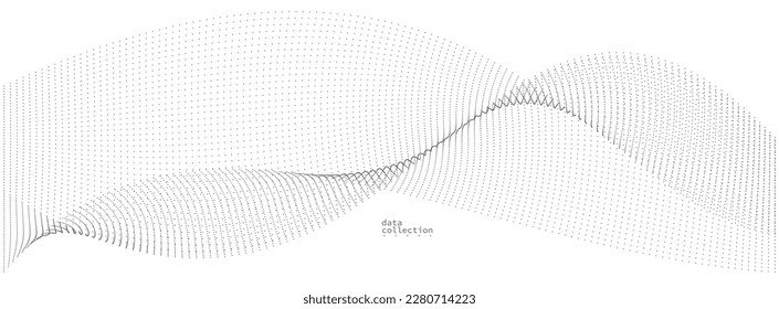 Light grey abstract background, vector wave of flowing particles, curvy lines of dots in motion, technology and science theme, airy and ease futuristic illustration.