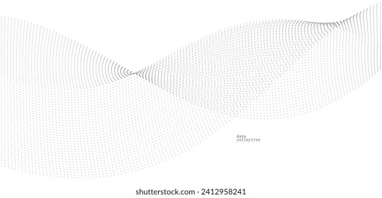 Light grey abstract background, vector wave of flowing particles, curvy lines of dots in motion, technology and science theme, airy and ease futuristic illustration.