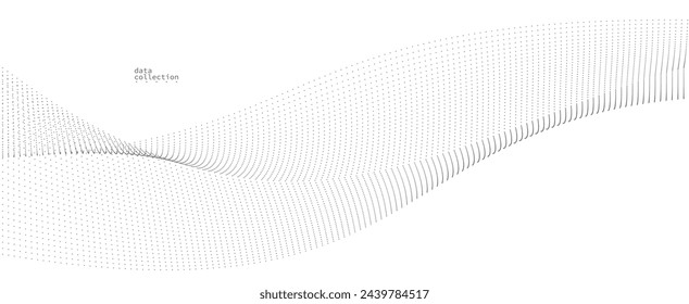 Light grey abstract background, vector wave of flowing particles, curvy lines of dots in motion, technology and science theme, airy and ease futuristic illustration.