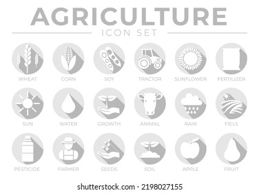 Light Grey Agriculture Round Icon Set of Wheat, Corn, Soy, Tractor, Sunflower, Fertilizer, Sun, Water, Growth, Animals, Rain, Fields, Pesticide, Farmer, Seeds, Soil, Apple, Fruit Icons.