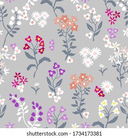 Light grey botanical pattern. Seamless print with wild flowers. Vintage collection. Template for textile design, cards, wallpapers, gift wrappings.