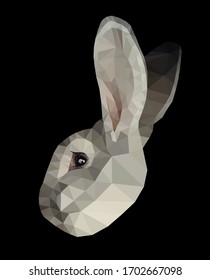 Light grey bunny face low poly triangular vector illustration isolated on black. Polygonal style trendy modern logo 