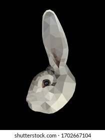Light grey bunny face low poly triangular vector illustration isolated on black. Polygonal style trendy modern logo 
