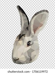 Light grey bunny face low poly triangular vector illustration isolated on transparent. Polygonal style trendy modern logo business fairy design template for easter invitations and greetings.