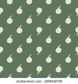 Light grey doodle apple silhouettes seamless pattern. Green olive background. Food season harvest backdrop. Stock illustration. Vector design for textile, fabric, giftwrap, wallpapers.