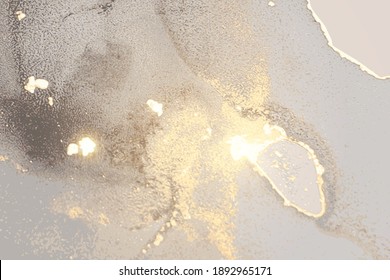 Light grey and gold stone marble texture. Alcohol ink technique abstract vector background. Modern paint with glitter. Template for banner, poster design. Fluid art painting