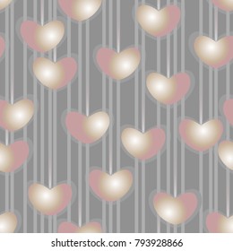 Light grey gradient of light pink and pastel pink hearts overlay the  grey different stripes on darker grey background.