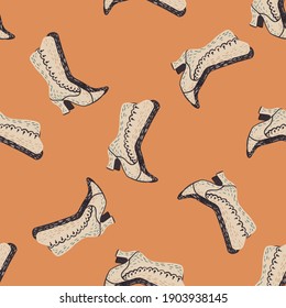 Light grey hand drawn women shoes ornament seamless pattern. Orange pastel background. Style artwork. Stock illustration. Vector design for textile, fabric, giftwrap, wallpapers.