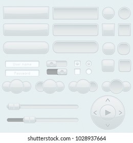 Light grey interface buttons, sliders and toggle switches. Vector 3d illustration