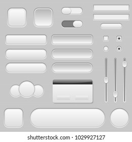 Light grey interface buttons, sliders and toggle switches. Vector 3d illustration