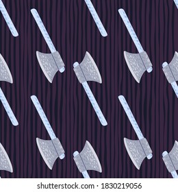 Light grey iron hatchets seamless stylized pattern. Warrior simple print with purple dark striped background. Designed for fabric design, textile print, wrapping, cover. Vector illustration.