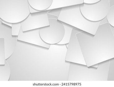 Light grey minimal paper squares and circles abstract geometric background. Tech vector design