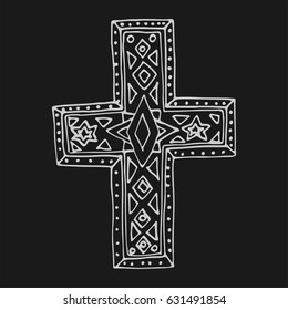 Light grey ornate cross silhouette on dark grey background