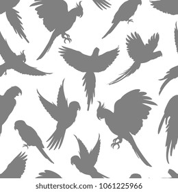 Light grey parrots silhouette on white seamless background pattern. Vector illustration