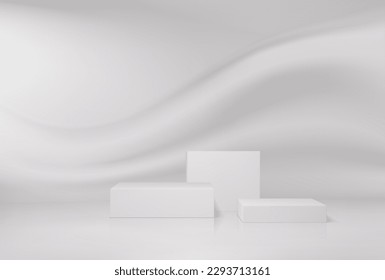 Light grey podium, display stand or platform 3d mockup, vector presentation. Realistic geometric pedestal or stage with smooth wave background. Cosmetics, winner award or jewelry display podium