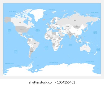 Light grey political World map on solid blue background. Vector illustration.