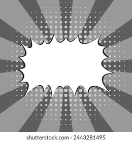 Light Grey Pop art. Comic book style. Abstract explosion. Dark grey Base for sale banners, advertisment posts, business cards, brochure, social media. Textbox for custom text. Halftone effect.Editable