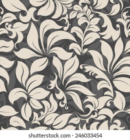light grey seamless floral background, abstract silver surface texture, leaves, plants, pattern fill - vector illustration