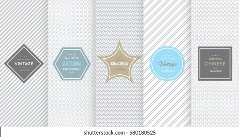 Light grey seamless pattern background. Vector illustration for elegant design. Abstract geometric frame. Stylish decorative label set. Fashion universal background.