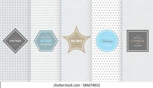 Light grey seamless pattern background. Vector illustration for elegant design. Abstract geometric frame. Stylish decorative label set. Fashion universal background.