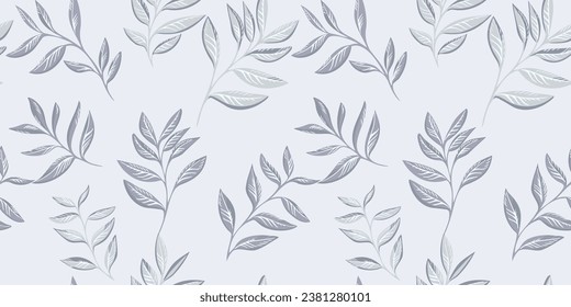 The light grey trendy pattern stem leaves scattered chaotically. Abstract, creative, simple leaf print. Vector hand drawn sketch. Template for design, textile, fashion, surface design, fabric