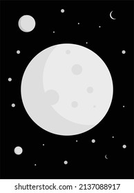 Light Grey Vector Moon with Shade in a Black Dark Sky Surrounded by Small and Big Stars as Background