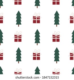 Light grey vector wrapped gifts and Christmas trees in rows seamless pattern background. Perfect for fabric, scrapbooking, and party paper projects.