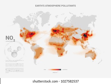 Light Grey World Map Showing Atmosphere Pollution Levels In Red By Gas Nitrogen Dioxide