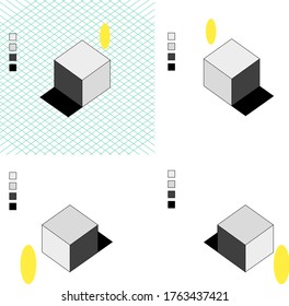 Light and grid 3D base for isometrics. Isometric Grid. It contains a grid to create from scratch a design with volume and perspective and the basic study of light for you to apply and change it as you