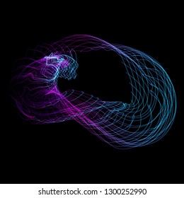 Light grid structure. Vector illustration of a complex wireframe surface formed by the interweaving of smoothly curved lines against black background.