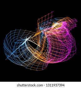 Light grid structure. Vector illustration of a complex wireframe surface formed by the interweaving of smoothly curved lines against black background.