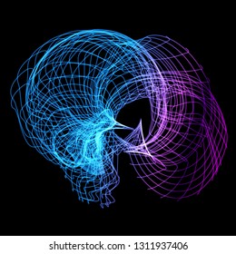 Light grid structure. Vector illustration of a complex wireframe surface formed by the interweaving of smoothly curved lines against black background.
