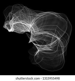 Light grid structure. Vector illustration of a complex wireframe surface formed by the interweaving of smoothly curved lines against black background.